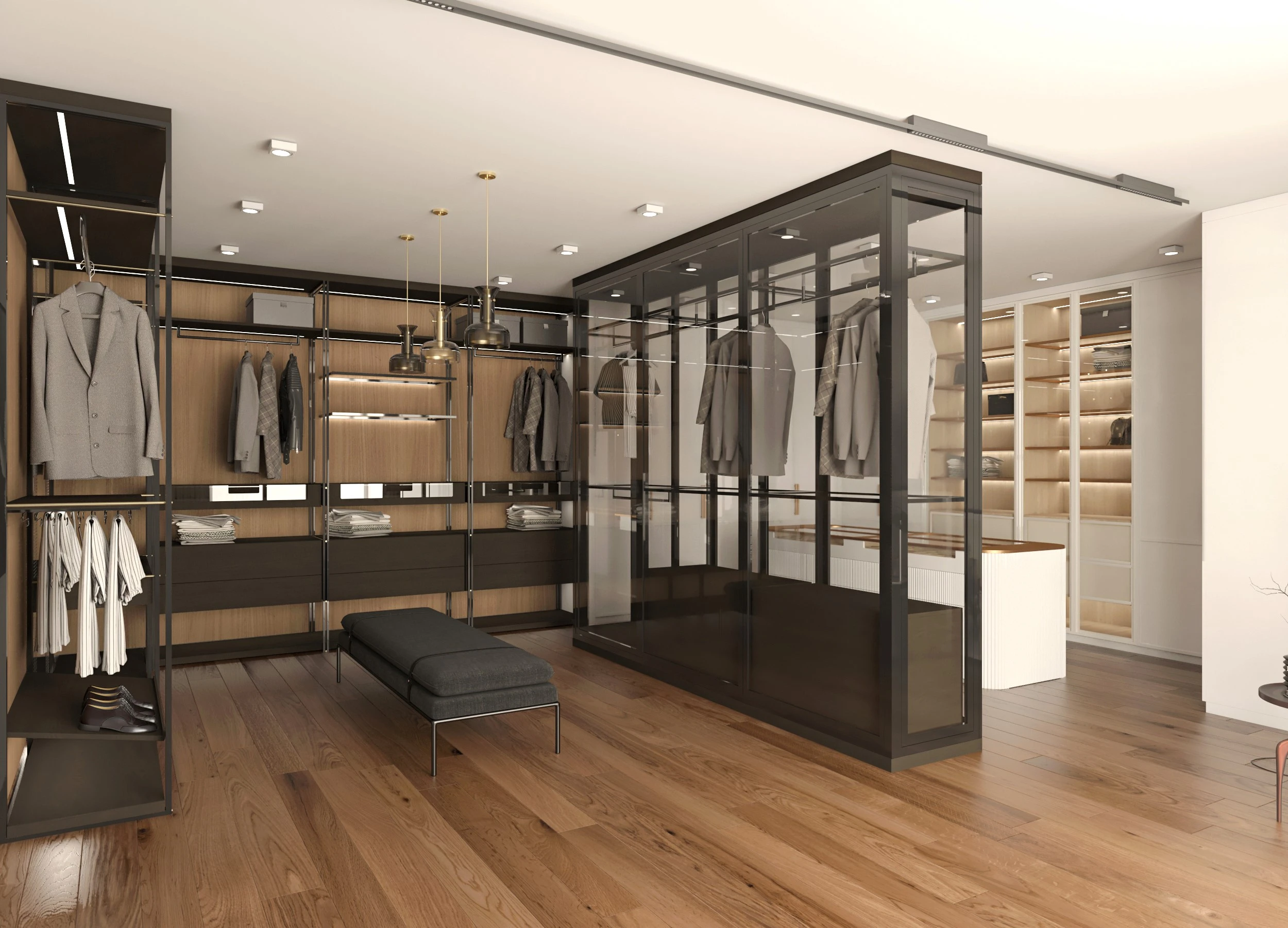 A 3D rendering of a walk-in closet featuring Dcassa design.