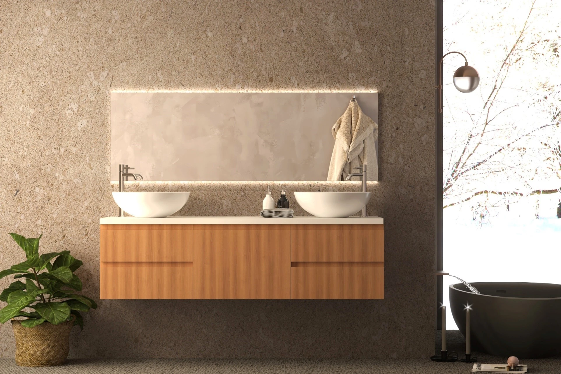 A bathroom with two sinks and a mirror incorporating contemporary design elements.