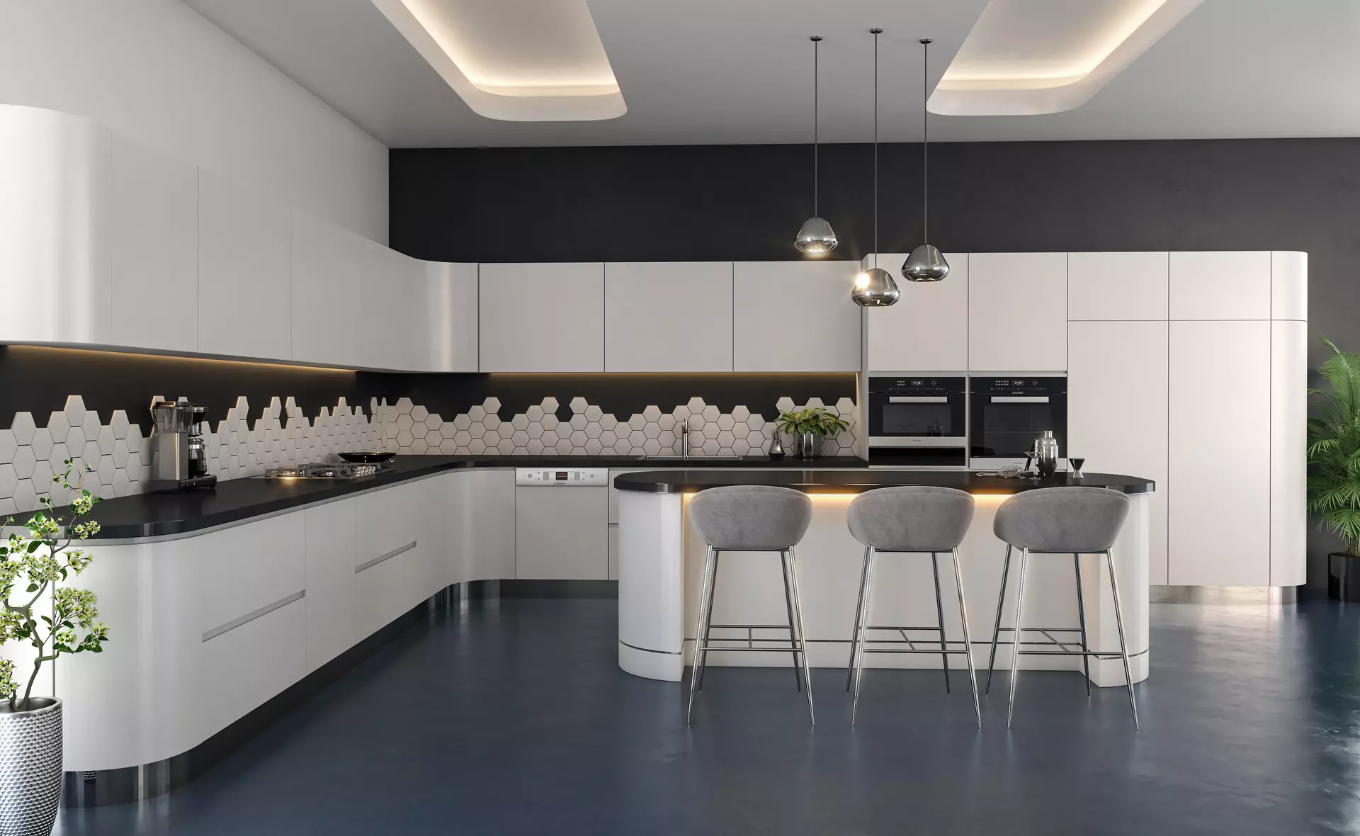 A black and white kitchen with bar stools.