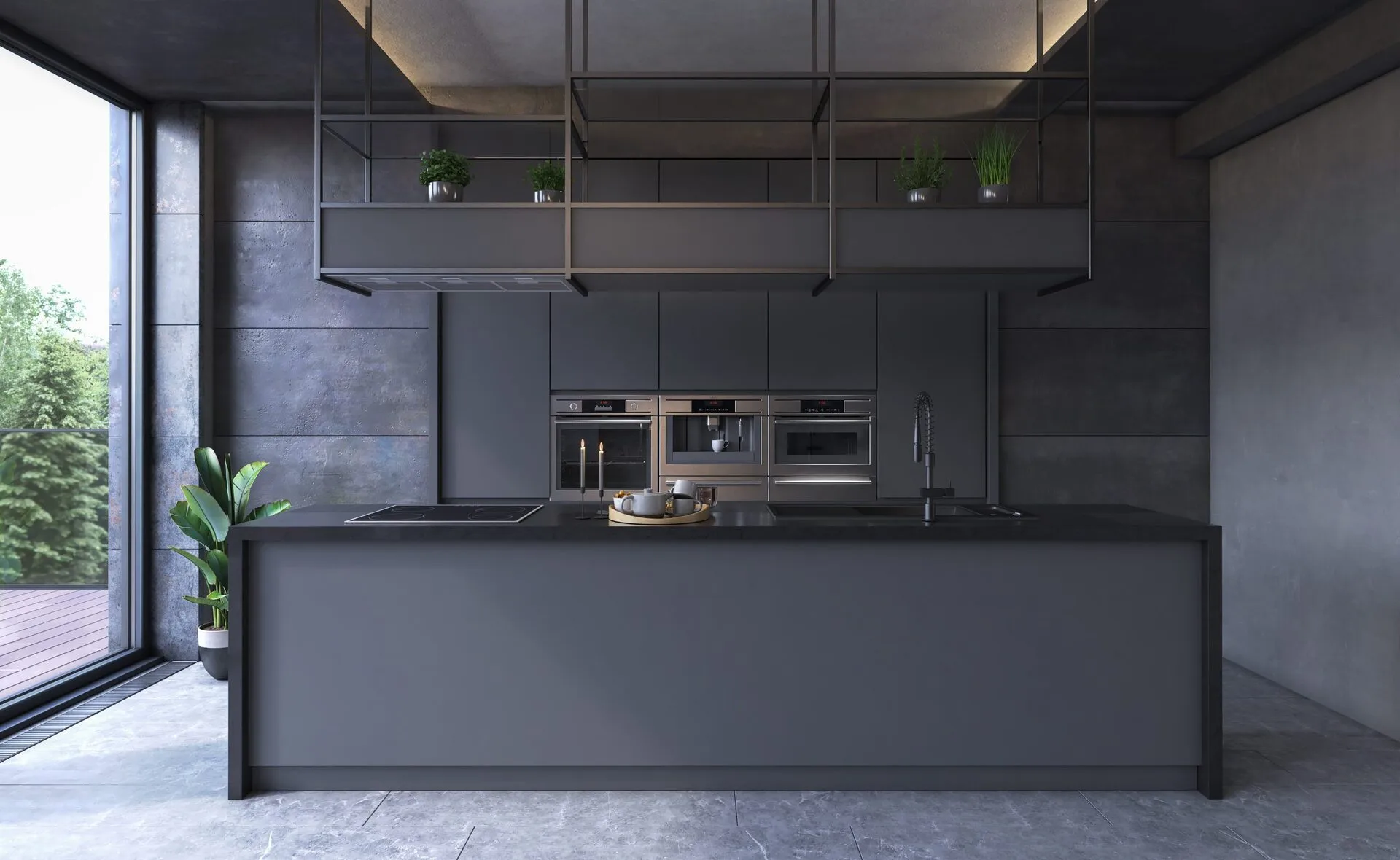 A modern kitchen with a grey counter top.