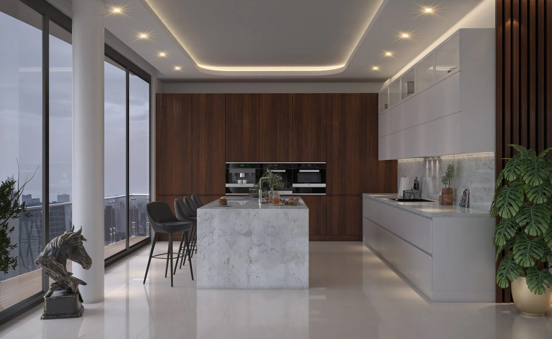 3D rendering of a modern kitchen with marble counter tops featuring DCassa designs.