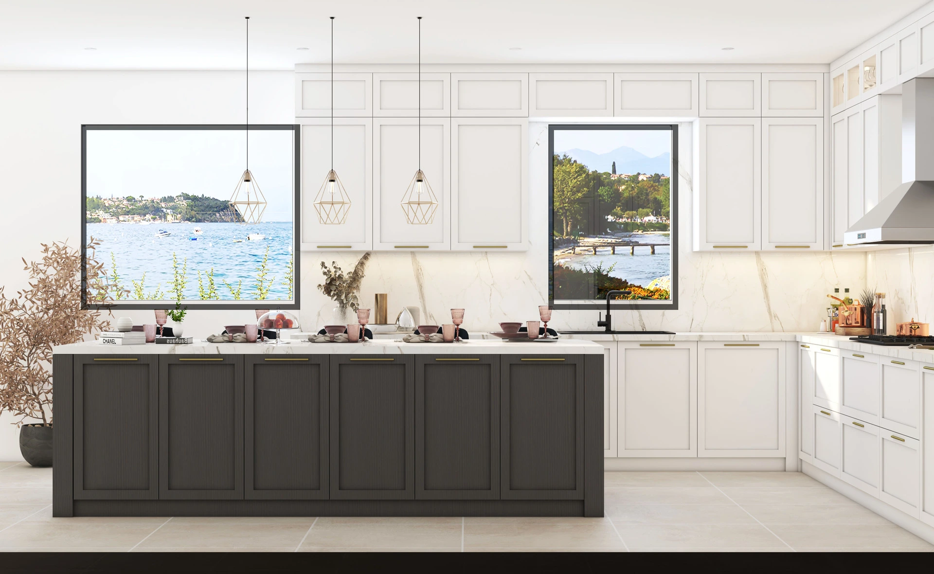 A kitchen with black cabinets and a view of the ocean.