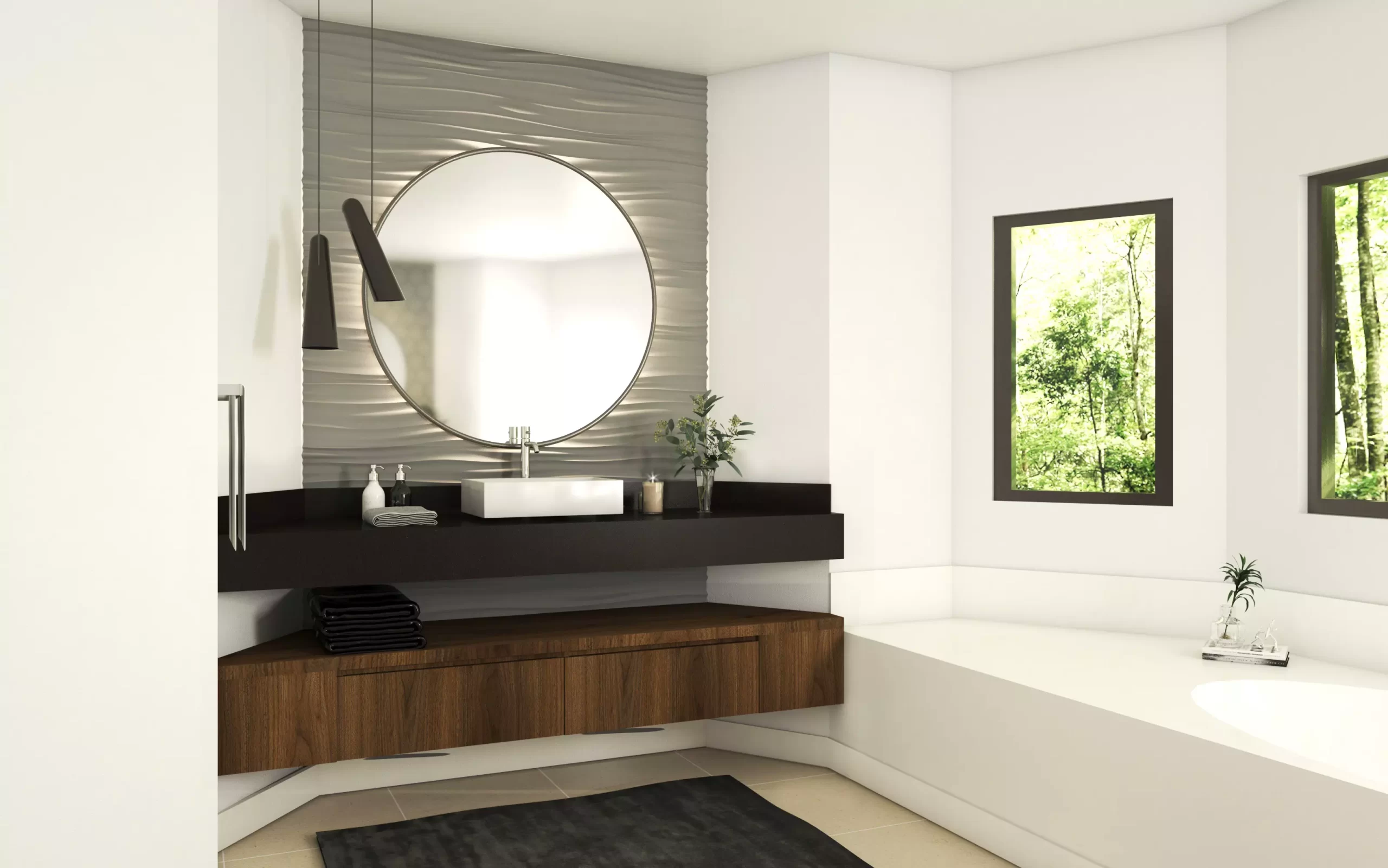 A modern bathroom with a bathtub and sink featuring sleek design.