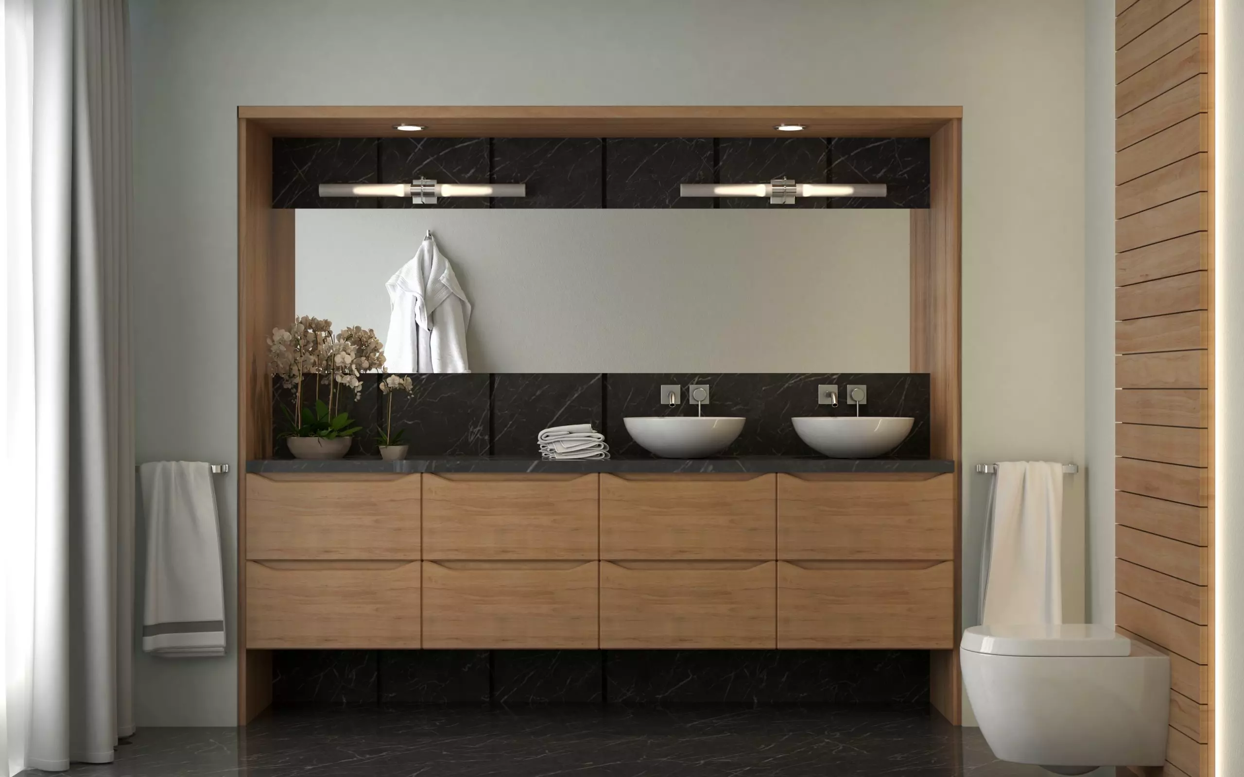A modern bathroom with a wooden vanity and mirror.