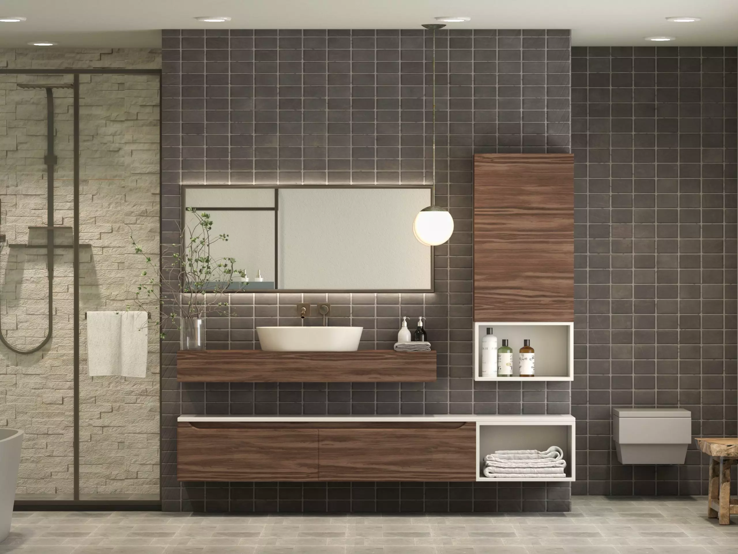 A modern bathroom with tiled walls and wooden cabinets.